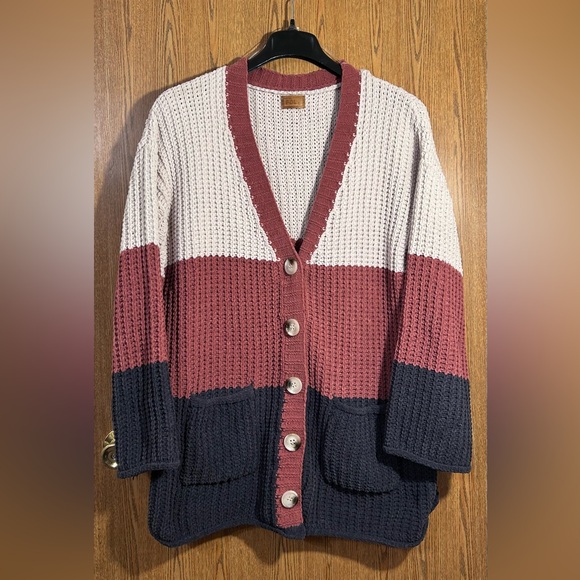 POL Baggy Colorblock Boho Buttoned Waffle Knit Cardigan - Picture 2 of 8